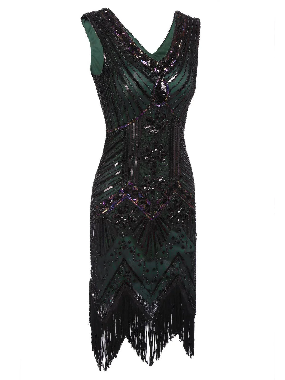 DUNKELGRÜN 1920ER VINTAGE PAILLETTEN FRANSE FLAPPER KLEID - Image 6