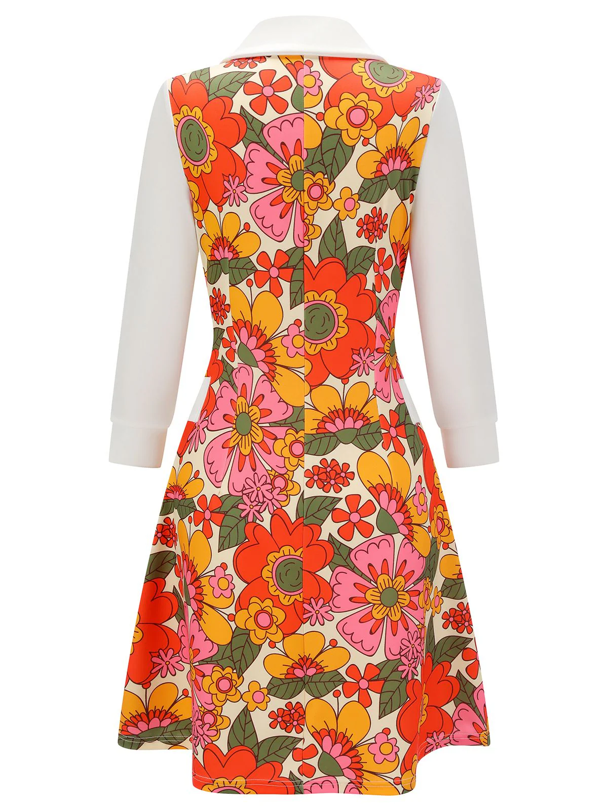 [Vorverkauf] Orange 1960er Revers Blumen Patchwork Kleid - Image 4