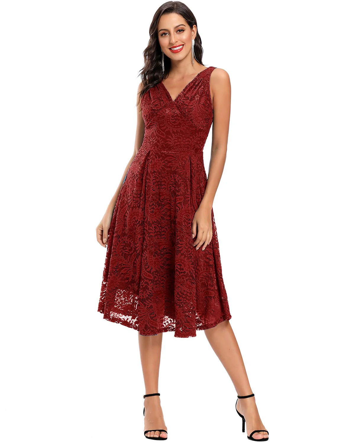 Rot 1950ER SPITZE BLUMEN SWING KLEID - Image 5