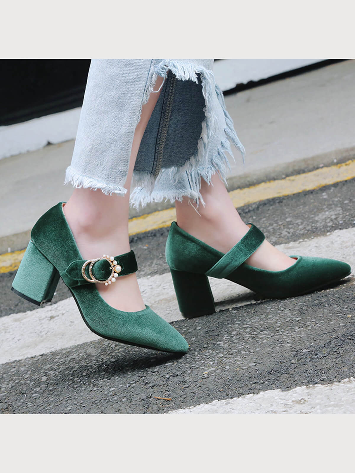 Winerot VELVET MARY JANE HIGH HEEL SCHUHE MIT SCHNALLENBLOCK - Image 5